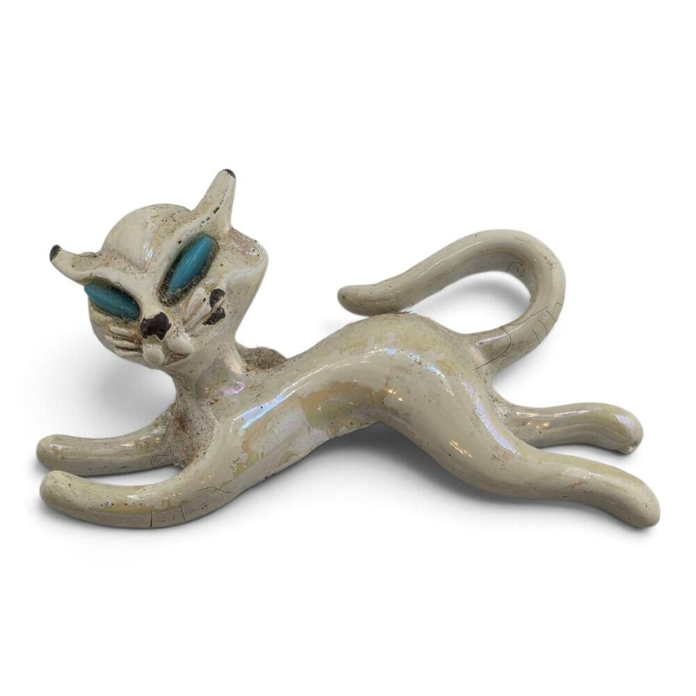 Vintage 1950s 60s Metal Cat Brooch Blue Eyes Iridescent MCM Figural Pin